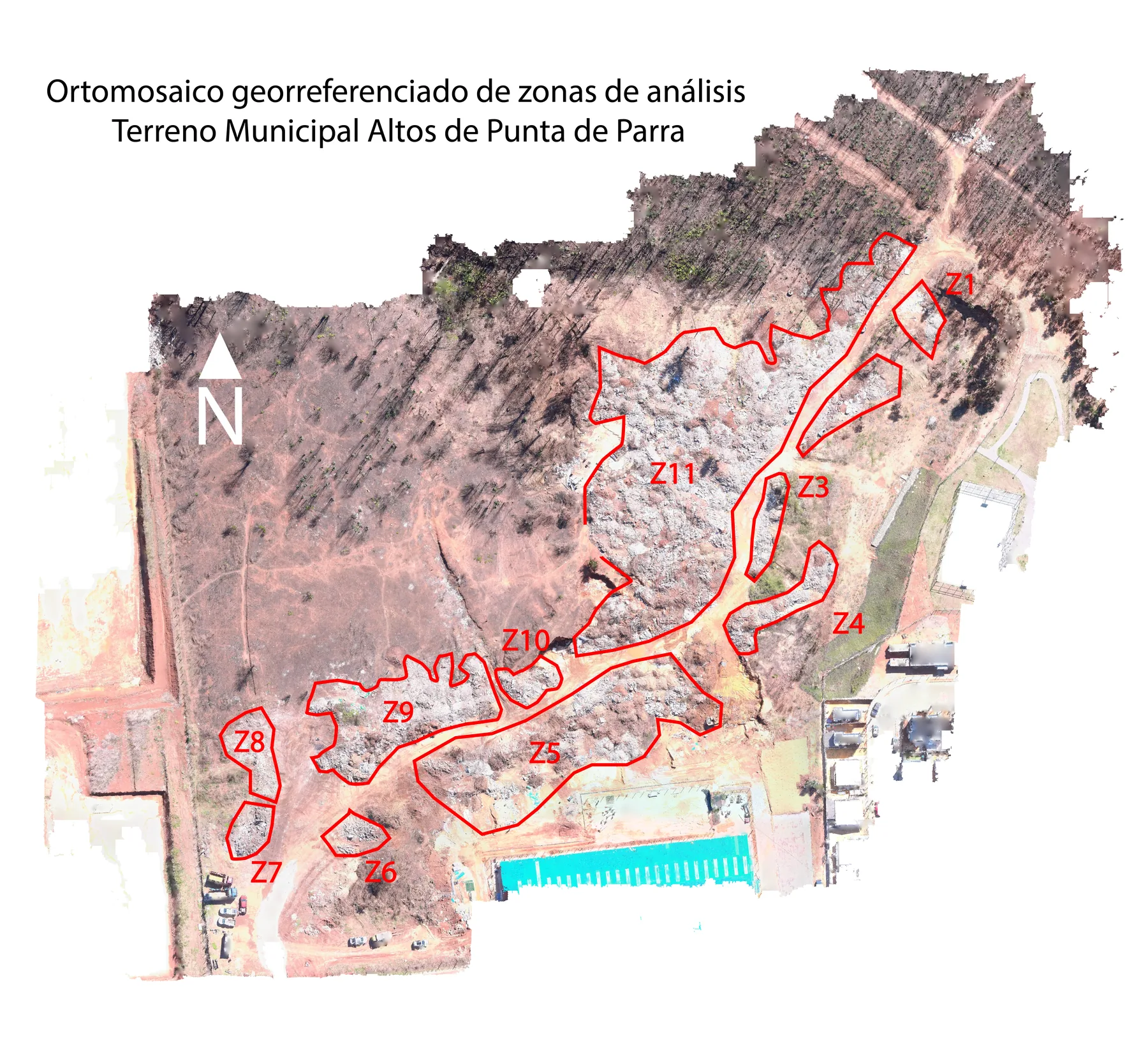 Ortomosaico georreferenciado con once zonas de análisis delimitadas en rojo sobre un terreno con acopio de escombros